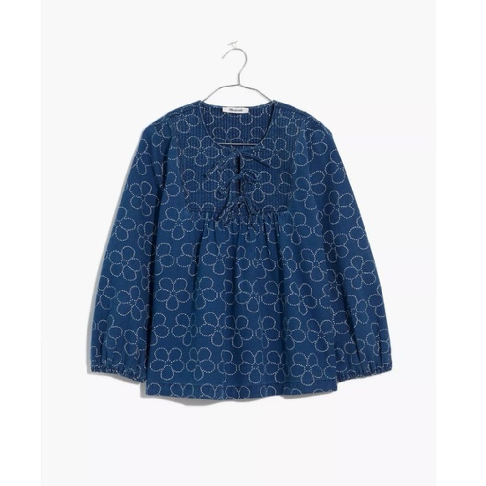 Madewell Quilted Tie-Front Bib Top Blouse in Indigo Floral Size Small